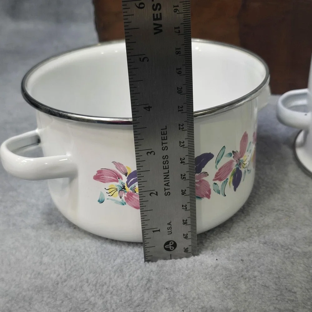 Vintage Enamelware Pots Set of 2 Floral Pink Purple White Lids Indonesia 80s